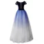 Luxe Bleu Marine Dégradé De Couleur Daim Robe De Bal 2019 Princesse Encolure Dégagée Manches Courtes Perlage Faux Diamant Noeud Ceinture Longue Volants Robe De Ceremonie