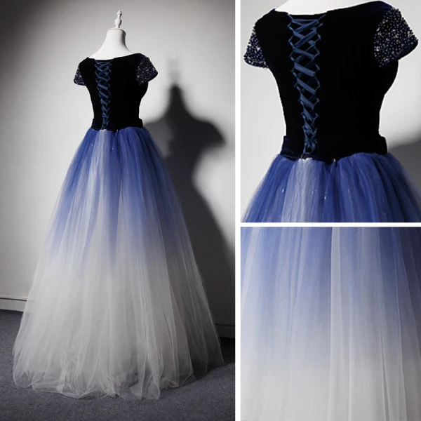 Luxe Bleu Marine Dégradé De Couleur Daim Robe De Bal 2019 Princesse Encolure Dégagée Manches Courtes Perlage Faux Diamant Noeud Ceinture Longue Volants Robe De Ceremonie