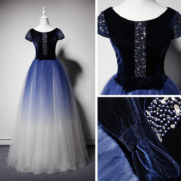 Luxe Bleu Marine Dégradé De Couleur Daim Robe De Bal 2019 Princesse Encolure Dégagée Manches Courtes Perlage Faux Diamant Noeud Ceinture Longue Volants Robe De Ceremonie