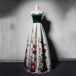 Mote Mørk Grønn Hvit Suede Selskapskjoler 2019 Prinsesse Kjæreste Uten Ermer Beading Printing Blomst Lange Buste Ryggløse Formelle Kjoler