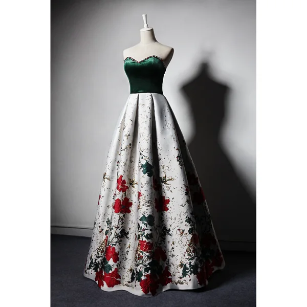 Modern / Fashion Dark Green White Suede Evening Dresses 2019 A-Line / Princess Sweetheart Sleeveless Beading Printing Flower Floor-Length / Long Ruffle Backless Formal Dresses