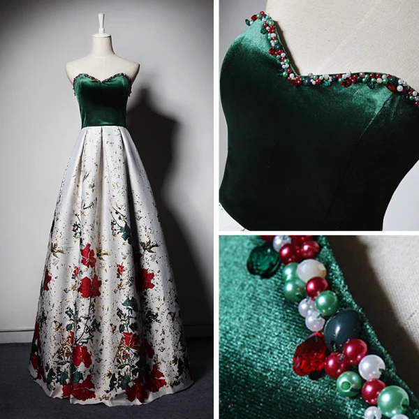 Modern / Fashion Dark Green White Suede Evening Dresses 2019 A-Line / Princess Sweetheart Sleeveless Beading Printing Flower Floor-Length / Long Ruffle Backless Formal Dresses