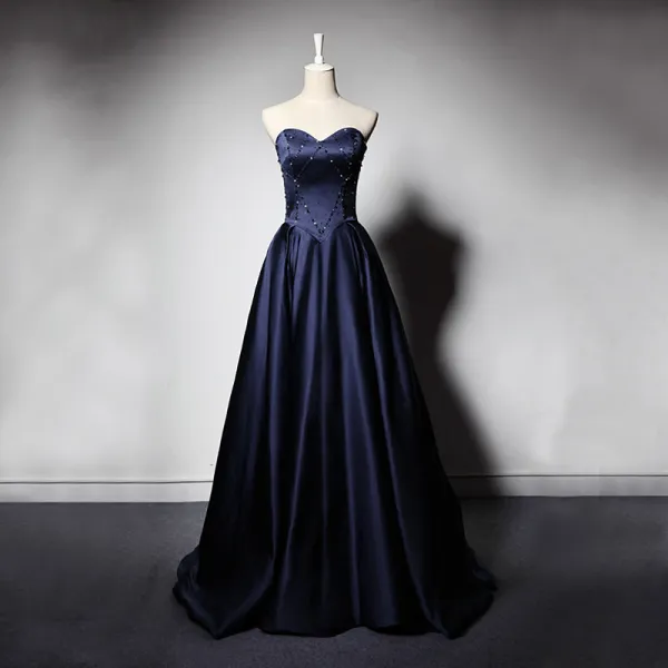 Elegant Navy Blue Satin Evening Dresses  2019 A-Line / Princess Sweetheart Sleeveless Beading Floor-Length / Long Ruffle Backless Formal Dresses
