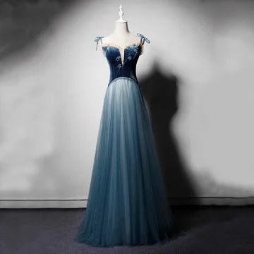 Chic Beautiful Navy Blue Suede Evening Dresses 2019 A Line Princess See Through Deep V Neck Spaghetti Straps Sleeveless Beading Floor Length Long Ruffle Backless Formal Dresses