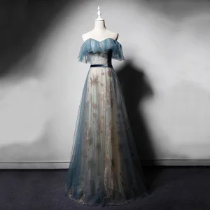 Fine Blekk Blå Champagne Selskapskjoler 2019 Prinsesse Kjæreste Korte Ermer Brodert Glitter Sash Lange Buste Ryggløse Formelle Kjoler