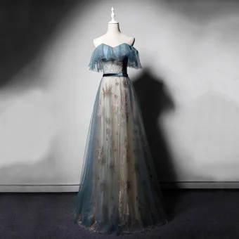 Chic Belle Bleu D 039 Encre Champagne Robe De Soirée 2019 Princesse Amoureux Manches Courtes Brodé Glitter Ceinture Longue Volants Dos Nu Robe De Ceremonie