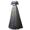 Chic / Beautiful Ink Blue Champagne Evening Dresses  2019 A-Line / Princess Sweetheart Short Sleeve Embroidered Glitter Sash Floor-Length / Long Ruffle Backless Formal Dresses