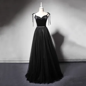 Best Black Evening Dresses 2019 A Line Princess Spaghetti Straps Sleeveless Sash Beading Floor Length Long Ruffle Backless Formal Dresses