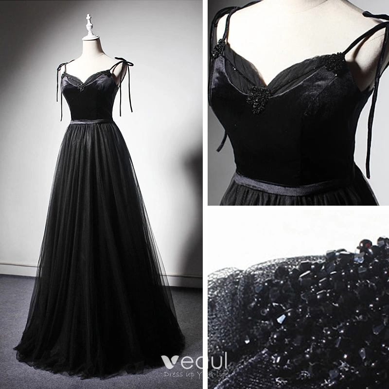 Best Black Evening Dresses 2019 A Line Princess Spaghetti Straps Sleeveless Sash Beading Floor Length Long