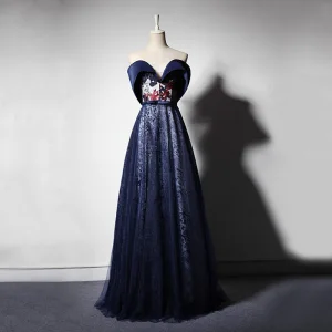 Élégant Bleu Marine Robe De Soirée 2019 Princesse De L 039 Épaule Manches Courtes Noeud Ceinture Appliques En Dentelle Brodé Fleur Longue Volants Dos Nu Robe De Ceremonie