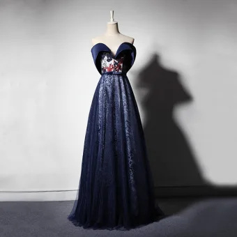 Elegante Donkerblauwe Avondjurken 2019 A Lijn Uit De Schouder Korte Mouwen Strik Gordel Appliques Kant Geborduurde Bloem Lange Ruche Ruglooze Gelegenheid Jurken
