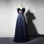 Elegant Navy Blue Evening Dresses  2019 A-Line / Princess Off-The-Shoulder Short Sleeve Bow Sash Appliques Lace Embroidered Flower Floor-Length / Long Ruffle Backless Formal Dresses