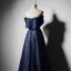 Elegant Navy Blue Evening Dresses  2019 A-Line / Princess Off-The-Shoulder Short Sleeve Bow Sash Appliques Lace Embroidered Flower Floor-Length / Long Ruffle Backless Formal Dresses