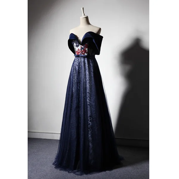 Elegant Navy Blue Evening Dresses 2019 A-Line / Princess Off-The-Shoulder Short Sleeve Bow Sash Appliques Lace Embroidered Flower Floor-Length / Long Ruffle Backless Formal Dresses