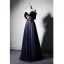 Elegant Navy Blue Evening Dresses  2019 A-Line / Princess Off-The-Shoulder Short Sleeve Bow Sash Appliques Lace Embroidered Flower Floor-Length / Long Ruffle Backless Formal Dresses