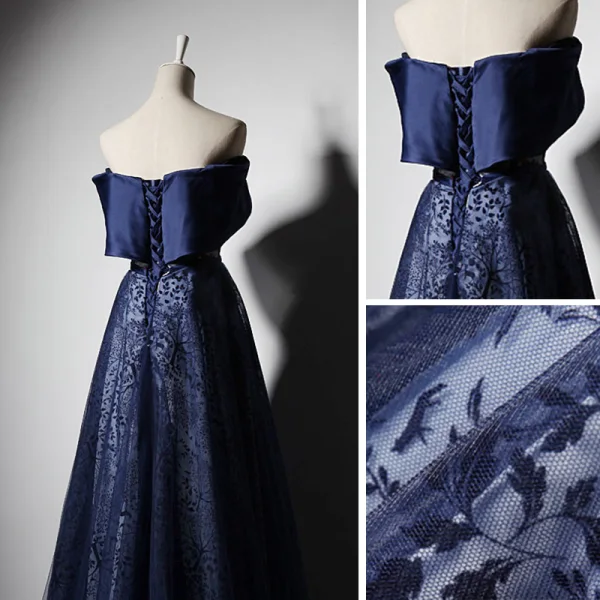 Elegant Navy Blue Evening Dresses 2019 A-Line / Princess Off-The-Shoulder Short Sleeve Bow Sash Appliques Lace Embroidered Flower Floor-Length / Long Ruffle Backless Formal Dresses