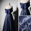 Elegant Navy Blue Evening Dresses  2019 A-Line / Princess Off-The-Shoulder Short Sleeve Bow Sash Appliques Lace Embroidered Flower Floor-Length / Long Ruffle Backless Formal Dresses