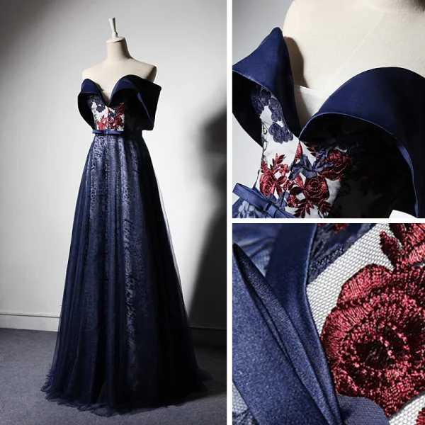 Elegant Navy Blue Evening Dresses 2019 A-Line / Princess Off-The-Shoulder Short Sleeve Bow Sash Appliques Lace Embroidered Flower Floor-Length / Long Ruffle Backless Formal Dresses