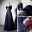 Elegant Navy Blue Evening Dresses  2019 A-Line / Princess Off-The-Shoulder Short Sleeve Bow Sash Appliques Lace Embroidered Flower Floor-Length / Long Ruffle Backless Formal Dresses