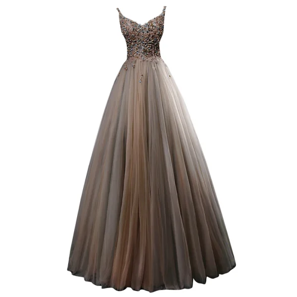 Luxe Champagne Gris Robe De Bal 2019 Princesse Bretelles Spaghetti Sans Manches Appliques En Dentelle Perlage Longue Volants Dos Nu Robe De Ceremonie