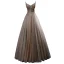 Luxe Champagne Gris Robe De Bal 2019 Princesse Bretelles Spaghetti Sans Manches Appliques En Dentelle Perlage Longue Volants Dos Nu Robe De Ceremonie
