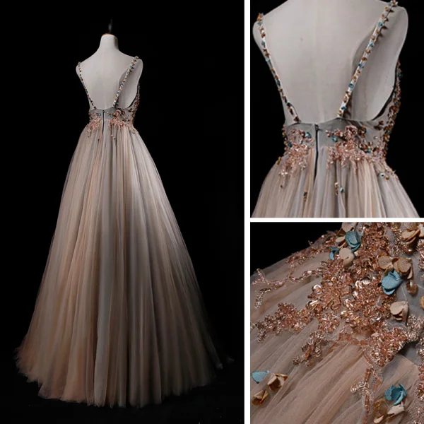Luxe Champagne Gris Robe De Bal 2019 Princesse Bretelles Spaghetti Sans Manches Appliques En Dentelle Perlage Longue Volants Dos Nu Robe De Ceremonie