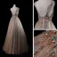 Luxe Champagne Gris Robe De Bal 2019 Princesse Bretelles Spaghetti Sans Manches Appliques En Dentelle Perlage Longue Volants Dos Nu Robe De Ceremonie