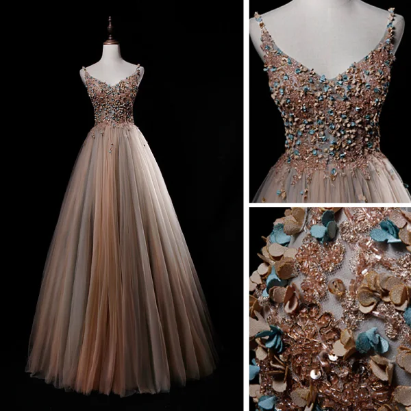 Luxe Champagne Gris Robe De Bal 2019 Princesse Bretelles Spaghetti Sans Manches Appliques En Dentelle Perlage Longue Volants Dos Nu Robe De Ceremonie