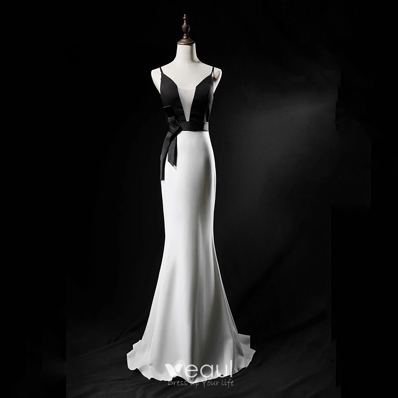 chinese dress ladies Hot Half Black Half White One Shoulder Long Sleeves Mermaid Prom Dresses