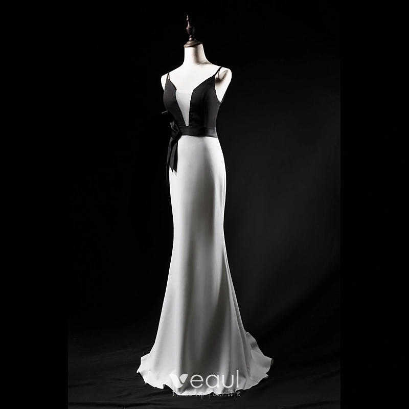 strapless open back dress Black and White Polka Dots Mermaid Long Corset Prom Dress with Ruffles main image 0