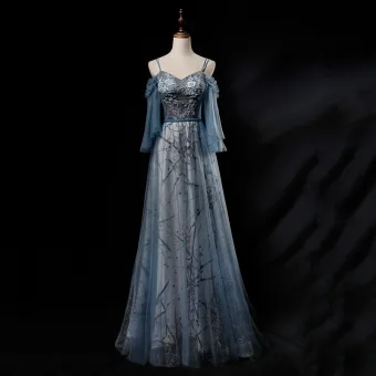 Chic Belle Océan Bleu Robe De Soirée 2019 Princesse Bretelles Spaghetti 3 4 Manches Appliques En Dentelle Perlage Perle Glitter Tulle Longue Volants Dos Nu Robe De Ceremonie