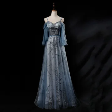 Chic Beautiful Ocean Blue Evening Dresses 2019 A Line Princess Spaghetti Straps 3 4 Sleeve Appliques Lace Beading Pearl Glitter Tulle Floor Length Long Ruffle Backless Formal Dresses