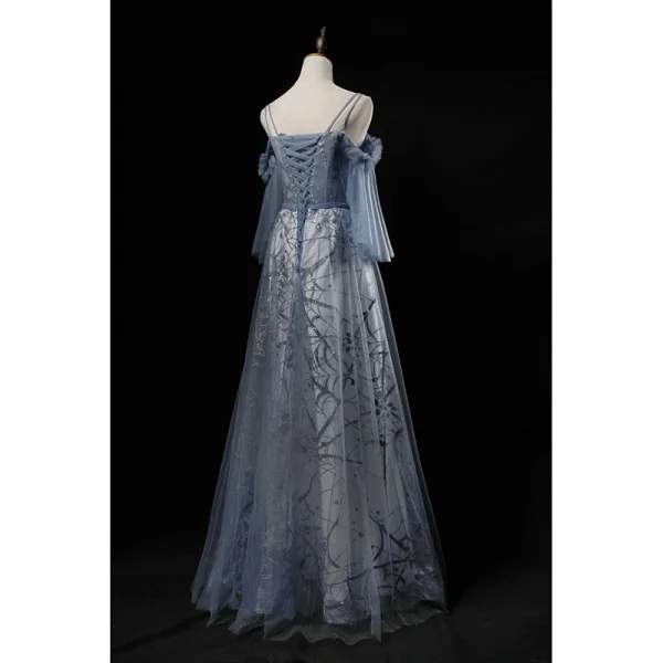 Chic / Beautiful Ocean Blue Evening Dresses  2019 A-Line / Princess Spaghetti Straps 3/4 Sleeve Appliques Lace Beading Pearl Glitter Tulle Floor-Length / Long Ruffle Backless Formal Dresses