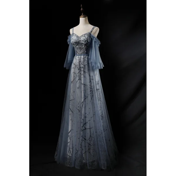 Chic / Beautiful Ocean Blue Evening Dresses  2019 A-Line / Princess Spaghetti Straps 3/4 Sleeve Appliques Lace Beading Pearl Glitter Tulle Floor-Length / Long Ruffle Backless Formal Dresses