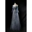 Chic / Beautiful Ocean Blue Evening Dresses  2019 A-Line / Princess Spaghetti Straps 3/4 Sleeve Appliques Lace Beading Pearl Glitter Tulle Floor-Length / Long Ruffle Backless Formal Dresses