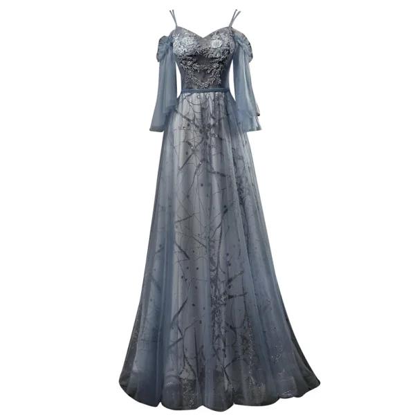 Chic / Beautiful Ocean Blue Evening Dresses  2019 A-Line / Princess Spaghetti Straps 3/4 Sleeve Appliques Lace Beading Pearl Glitter Tulle Floor-Length / Long Ruffle Backless Formal Dresses