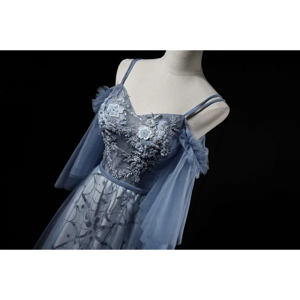 Chic / Beautiful Ocean Blue Evening Dresses  2019 A-Line / Princess Spaghetti Straps 3/4 Sleeve Appliques Lace Beading Pearl Glitter Tulle Floor-Length / Long Ruffle Backless Formal Dresses
