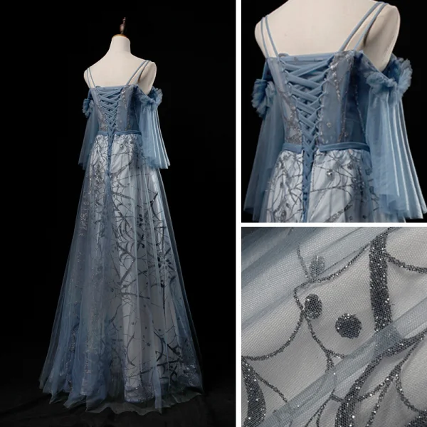 Chic / Beautiful Ocean Blue Evening Dresses  2019 A-Line / Princess Spaghetti Straps 3/4 Sleeve Appliques Lace Beading Pearl Glitter Tulle Floor-Length / Long Ruffle Backless Formal Dresses