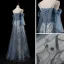 Chic / Beautiful Ocean Blue Evening Dresses  2019 A-Line / Princess Spaghetti Straps 3/4 Sleeve Appliques Lace Beading Pearl Glitter Tulle Floor-Length / Long Ruffle Backless Formal Dresses