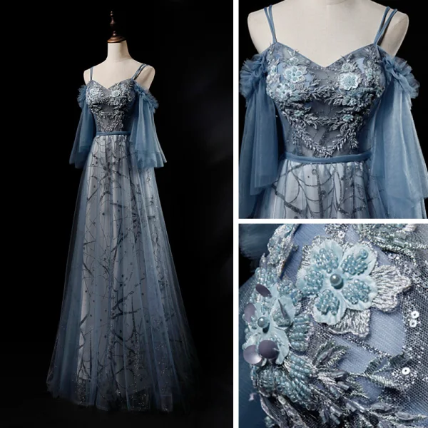 Chic / Beautiful Ocean Blue Evening Dresses  2019 A-Line / Princess Spaghetti Straps 3/4 Sleeve Appliques Lace Beading Pearl Glitter Tulle Floor-Length / Long Ruffle Backless Formal Dresses