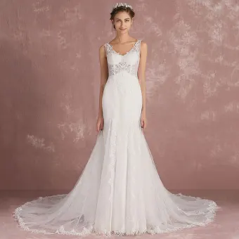 Élégant Ivoire Percé Robe De Mariée 2018 Trompette Sirène V Cou Sans Manches Appliques En Dentelle Tribunal Train