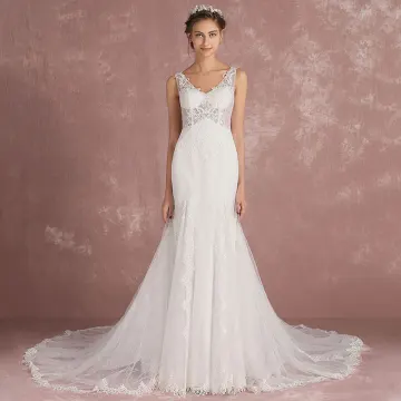 Élégant Ivoire Percé Robe De Mariée 2018 Trompette Sirène V Cou Sans Manches Appliques En Dentelle Tribunal Train