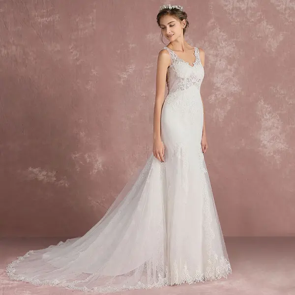 Elegant Ivory Pierced Wedding Dresses 2018 Trumpet / Mermaid V-Neck Sleeveless Appliques Lace Court Train