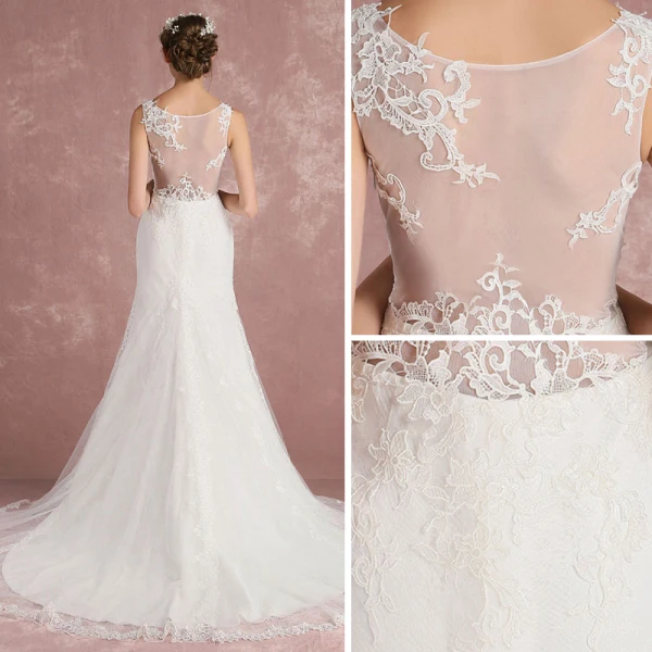 Elegant Ivory Pierced Wedding Dresses 2018 Trumpet / Mermaid V-Neck Sleeveless Appliques Lace Court Train