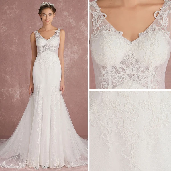 Elegant Ivory Pierced Wedding Dresses 2018 Trumpet / Mermaid V-Neck Sleeveless Appliques Lace Court Train