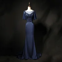 Elegantes Marino Oscuro Transparentes Vestidos de noche 2019 Trumpet / Mermaid Scoop Escote 1/2 Ærmer Rhinestone Apliques Con Encaje Glitter Lentejuelas Colas De Barrido Ruffle Sin Espalda Vestidos Formales