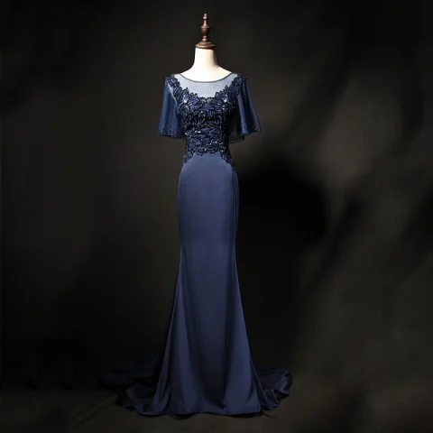 Elegant Mørk Marineblå Gjennomsiktig Selskapskjoler 2019 Trompet / Havfrue Scoop Halsen 1/2 Ermer Rhinestone Appliques Blonder Glitter Paljetter Feie Tog Buste Ryggløse Formelle Kjoler