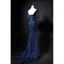 Élégant Bleu Marine Transparentes Robe De Soirée 2019 Trompette / Sirène Encolure Dégagée 1/2 Manches Faux Diamant Appliques En Dentelle Glitter Paillettes Train De Balayage Volants Dos Nu Robe De Ceremonie