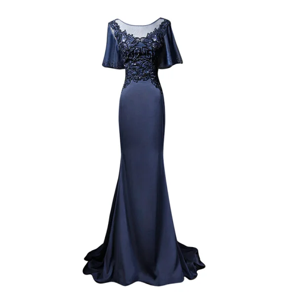 Élégant Bleu Marine Transparentes Robe De Soirée 2019 Trompette / Sirène Encolure Dégagée 1/2 Manches Faux Diamant Appliques En Dentelle Glitter Paillettes Train De Balayage Volants Dos Nu Robe De Ceremonie