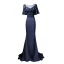 Élégant Bleu Marine Transparentes Robe De Soirée 2019 Trompette / Sirène Encolure Dégagée 1/2 Manches Faux Diamant Appliques En Dentelle Glitter Paillettes Train De Balayage Volants Dos Nu Robe De Ceremonie